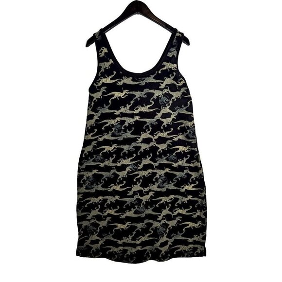 Vintage Jurassic Park BATIK Raptor Print Tank Dress Size M Stretch A-Line Midi - Picture 1 of 7